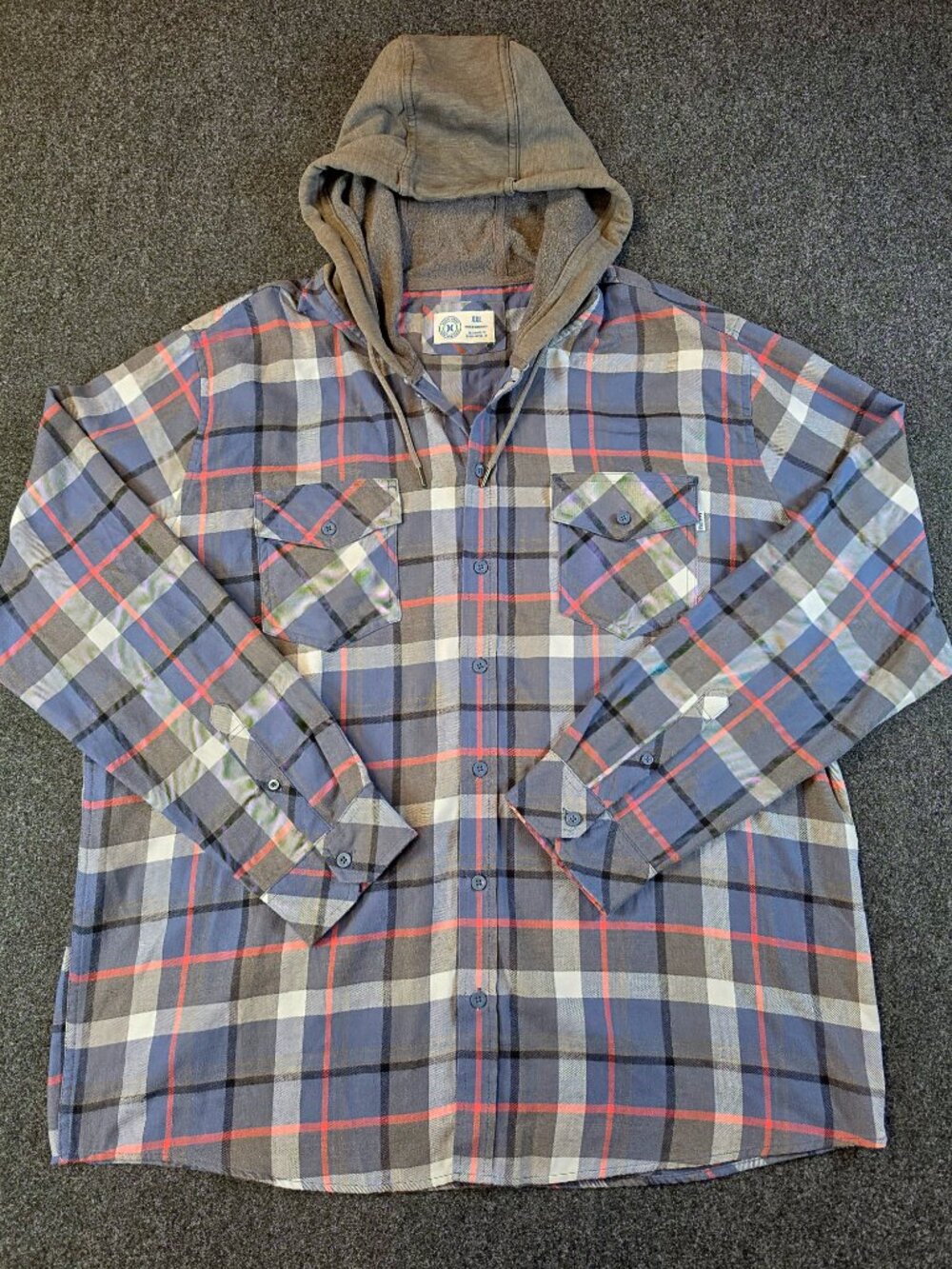 Hurley Mens XXL Hooded Flannel Shirt Plaid Button Up Gray Blue Red 2XL